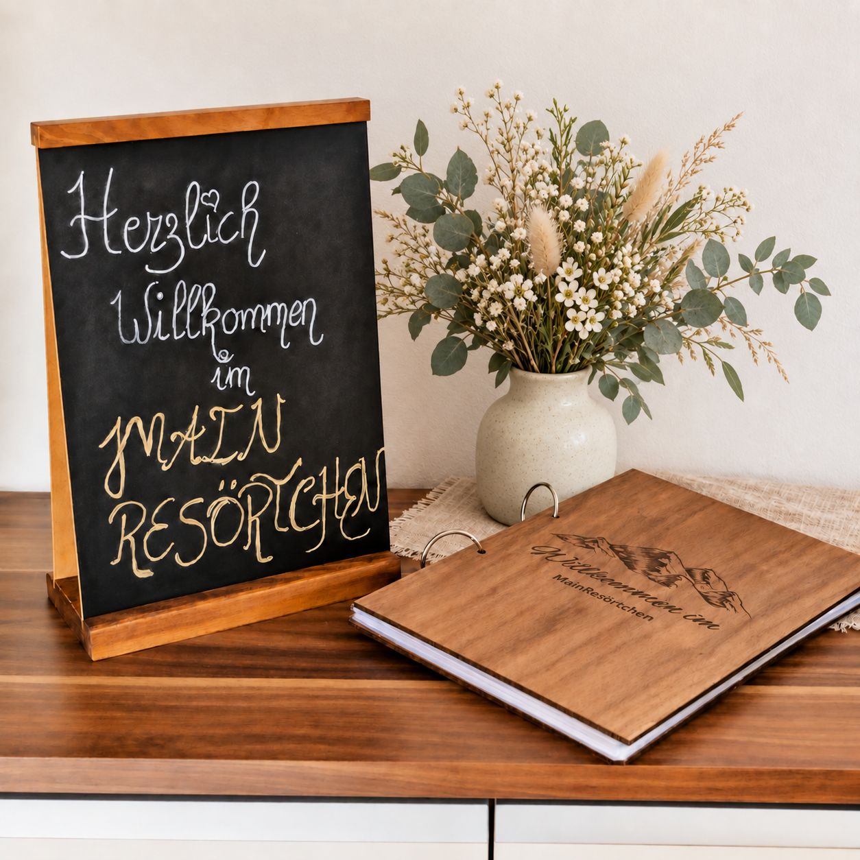 A blackboard with a welcome message in German, a wooden book with a mountain illustration, and a vase with white flowers and green leaves.