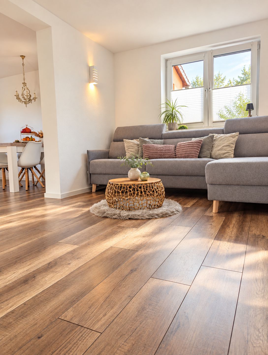 Ein modernes Wohnzimmer mit einem grauen Sofa, einem runden gewebten Couchtisch und einem Essbereich mit einem weißen Stuhl und einem kleinen Tisch.