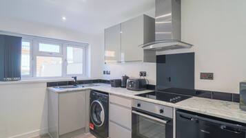 Fridge, microwave, oven, electric kettle