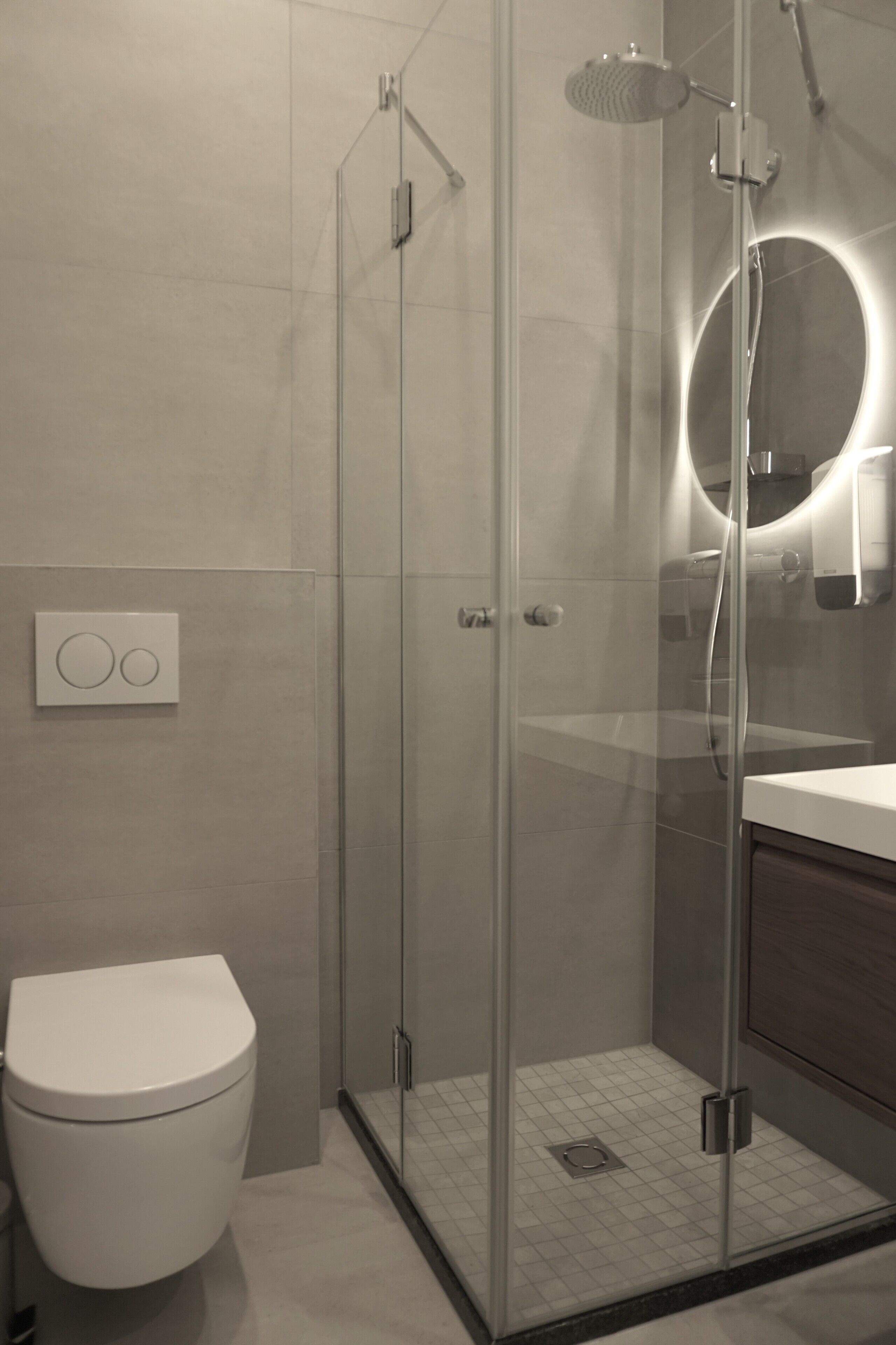 A modern bathroom with a glass-enclosed shower, a toilet, and a sink with a mirror.
