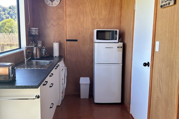 Fridge, microwave, electric kettle, cookware/dishes/utensils