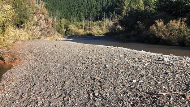 A gravel path leading to a river with a forested hillside in the background.
