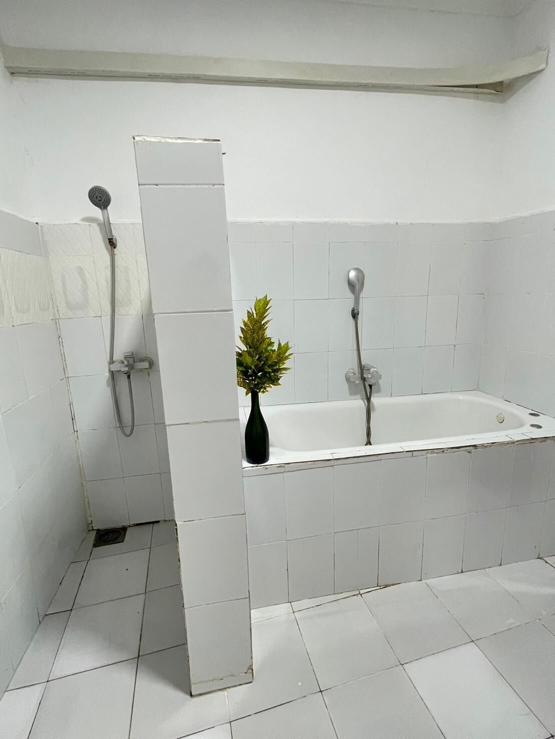 Ein modernes Badezimmer mit einer Badewanne, einer Dusche und einem kleinen Topfpflanzen.