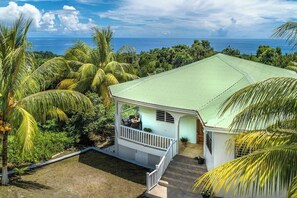 Une maison dotée d’un toit végétalisé, entourée de palmiers et offrant une vue sur l’océan.