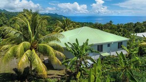 Edificio de una planta con techo verde, rodeado de exuberante vegetación tropical y vistas al océano.