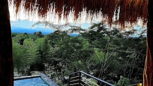 A wooden deck with a pool, surrounded by lush greenery and a thatched roof structure. - Refugio Monte Oscuro (La Dorada)