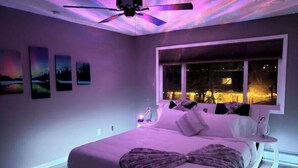 A bedroom with a bed, a ceiling fan, a window with a night view, and wall art.
