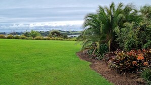 A well-maintained grassy field with a variety of plants and trees, including palm trees and flowering shrubs.