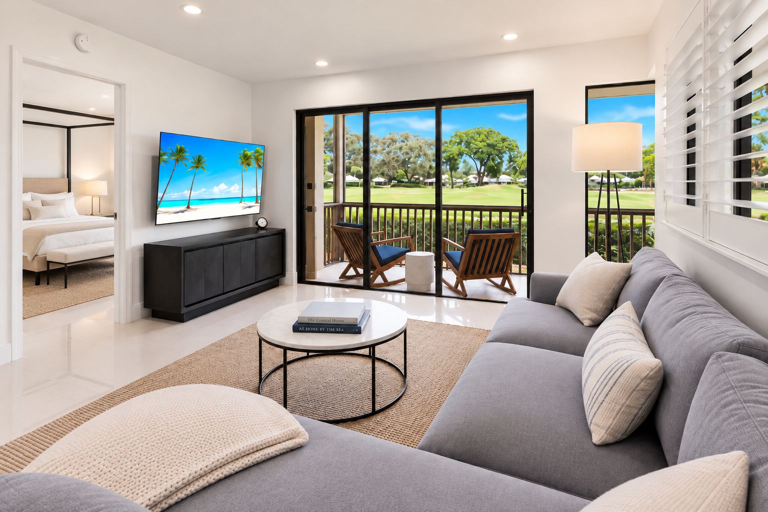 A modern living room with a large flat-screen TV, a grey sofa, a coffee table, and a balcony with outdoor furniture.