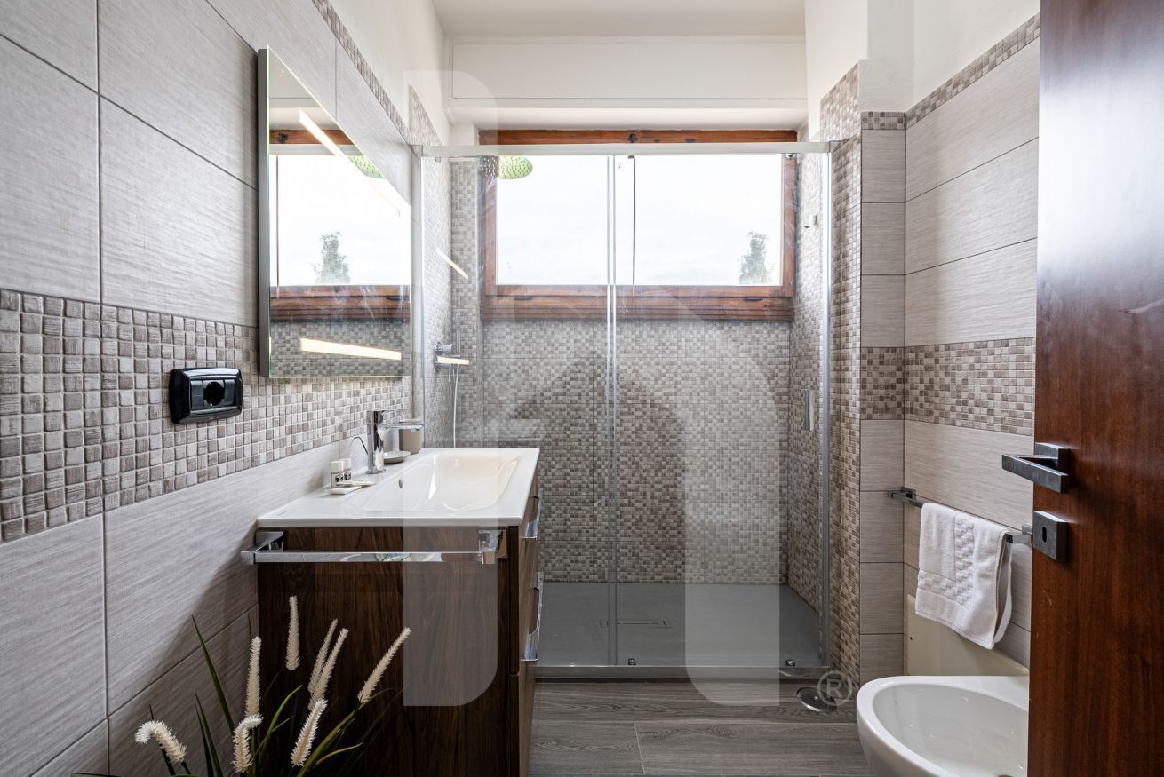 Shower, hair dryer, bidet, towels