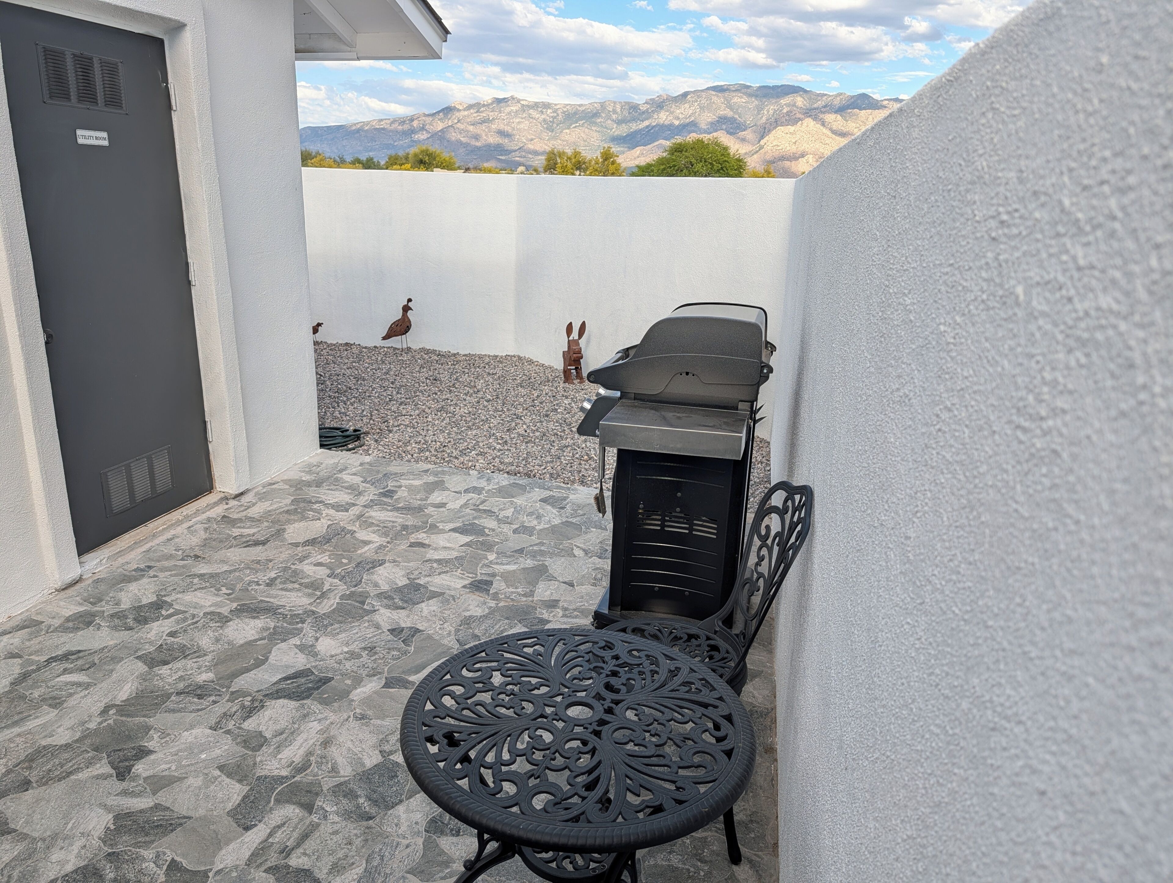 Une terrasse avec un barbecue, une porte donnant sur une pièce utilitaire et une table décorative.