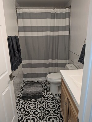 Hair dryer, towels, soap, shampoo