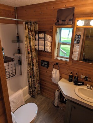 Hair dryer, towels, soap, shampoo