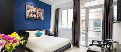 Habitación de lujo, balcón, vista a la ciudad | Sábanas de algodón egipcio y ropa de cama de alta calidad
