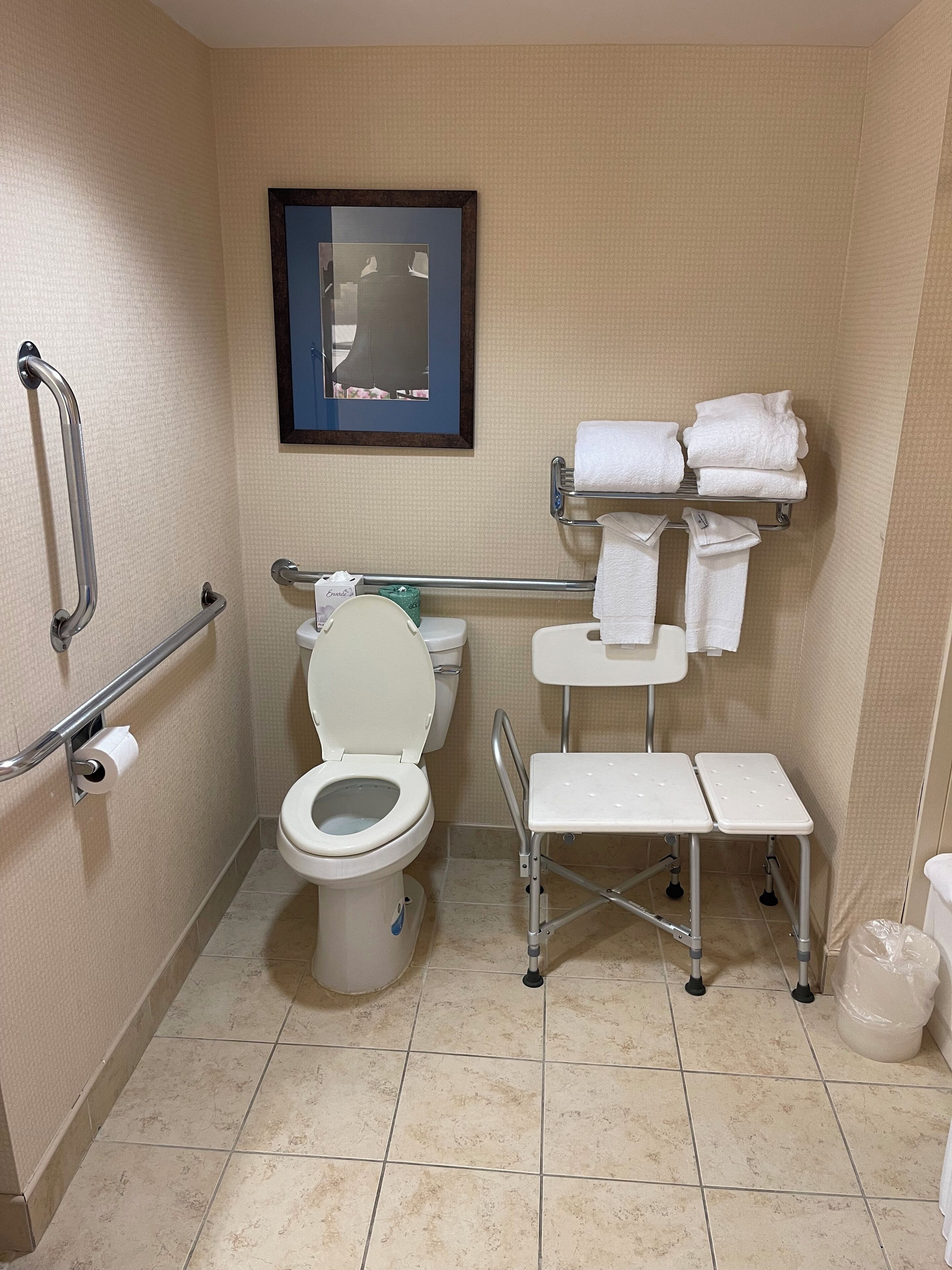 A bathroom with a toilet, handrails, a sink, a mirror, and a shelf with towels.