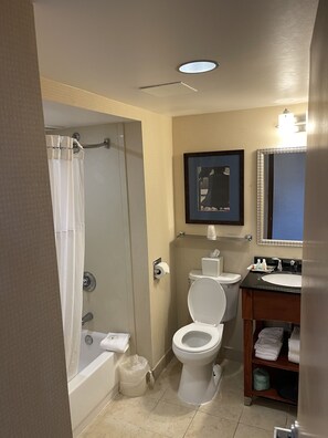 Bathroom features a bathtub, toilet, sink, and shower area, with a mirror above the sink and a framed picture on the wall.