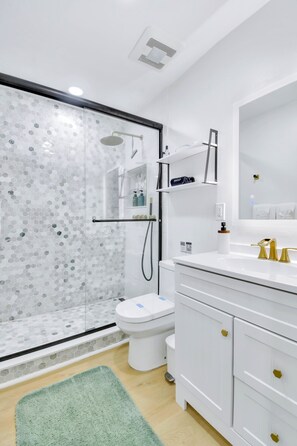 Enjoy a refreshing shower in the glass-enclosed shower with a unique tile pattern, accompanied by a sleek toilet and spacious vanity with a large mirror.