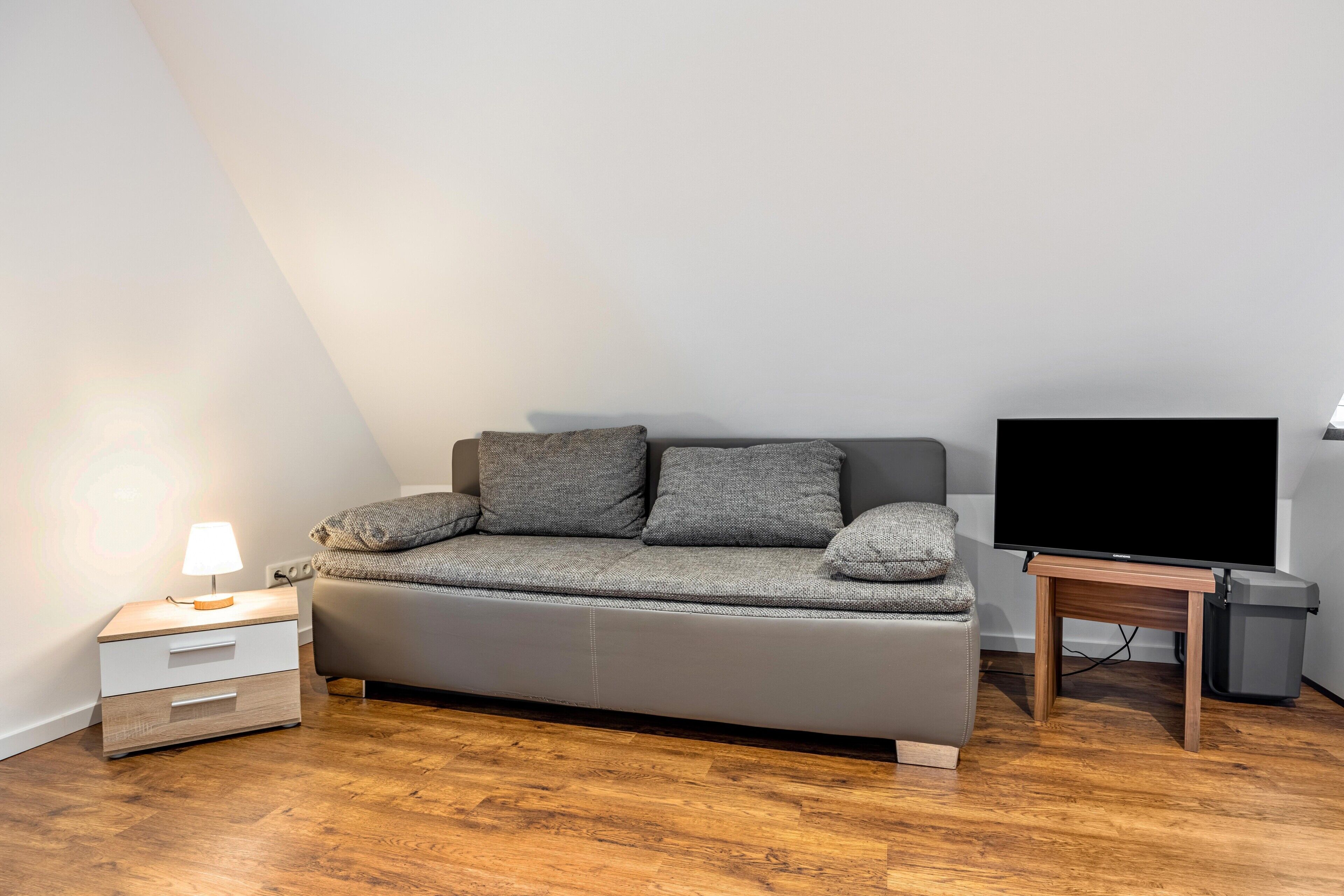 Un dormitorio moderno con sofá cama, mesita de noche con lámpara, televisor sobre un mueble bajo y un cubo de basura.