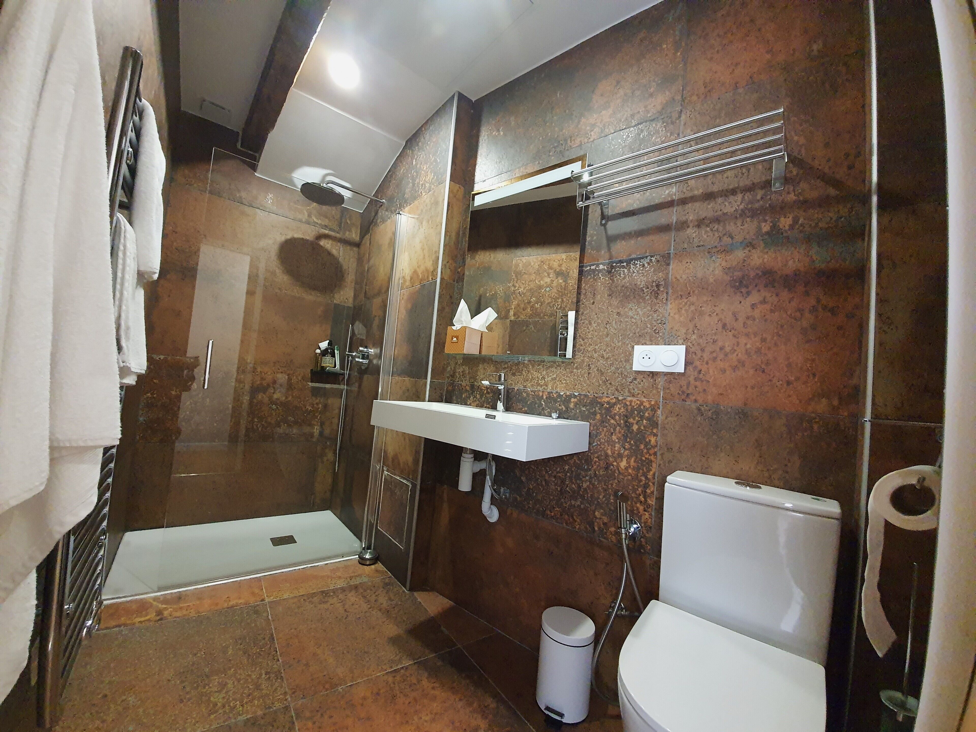 A modern bathroom with a glass shower enclosure, a white sink, and a toilet.