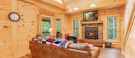 Télévision, cheminée, livres