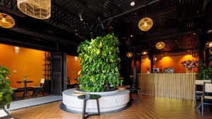 A modern interior with a central circular seating area, a reception desk, and a large green plant. - De Stefano Coffee and Hotel (Phu Quoc)