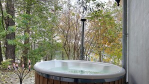Un bain à remous installé à l’extérieur, entouré d’arbres et doté d’une terrasse en bois.