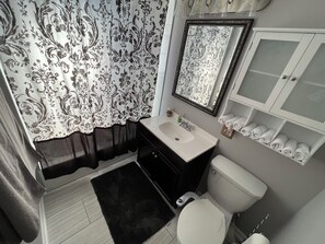 Secador de cabelo, toalhas de banho, sabonete, shampoo