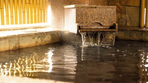 Un bassin en pierre dans lequel l’eau s’écoule pour se déverser dans une mare.