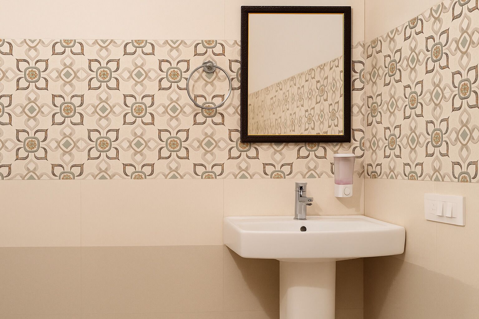 A bathroom with a white sink, a mirror, and patterned wallpaper.