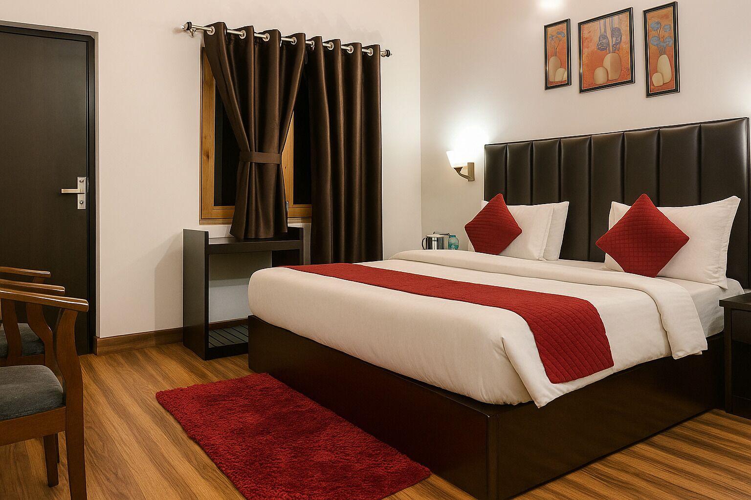 Une chambre d’hôtel avec un grand lit, un bureau, une chaise et un tapis rouge.