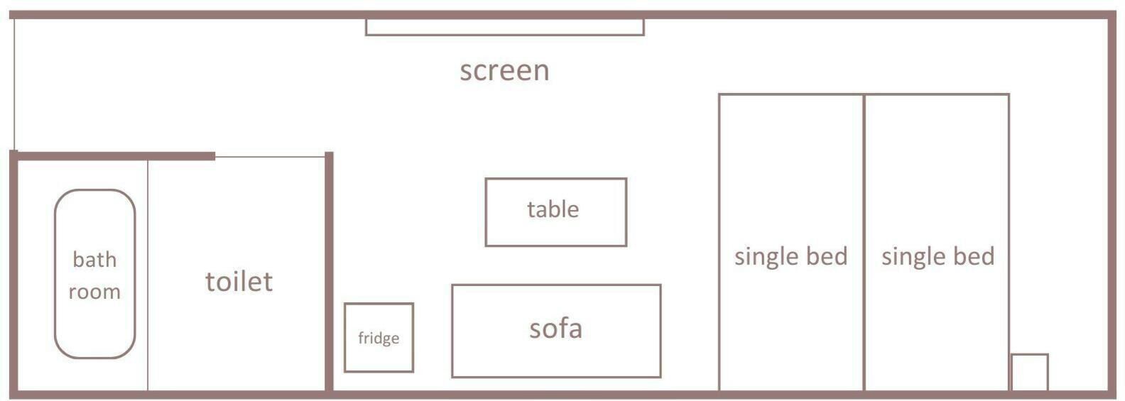 Distribución de una habitación con baño, inodoro, refrigerador, mesa, sofá y dos camas individuales.
