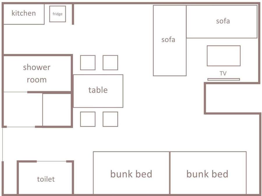 A floor plan with a kitchen, fridge, shower room, table, sofa, TV, toilet, and bunk beds.