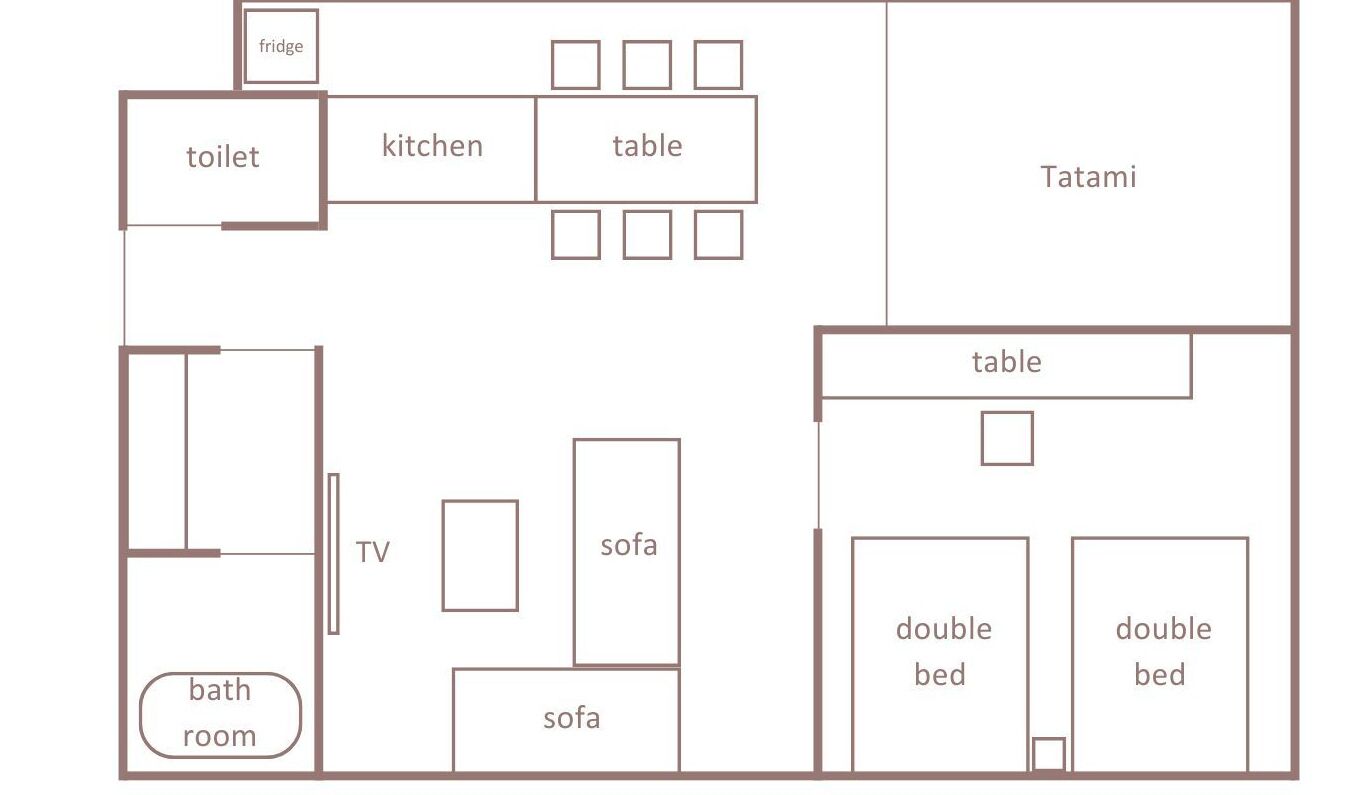 A hotel layout with a bathroom, TV, sofa, double beds, and a kitchen.