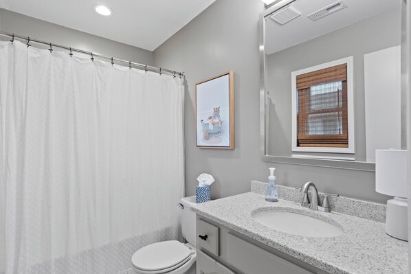 A bathroom with a shower curtain, a toilet, a sink with a mirror, and a framed picture on the wall.
