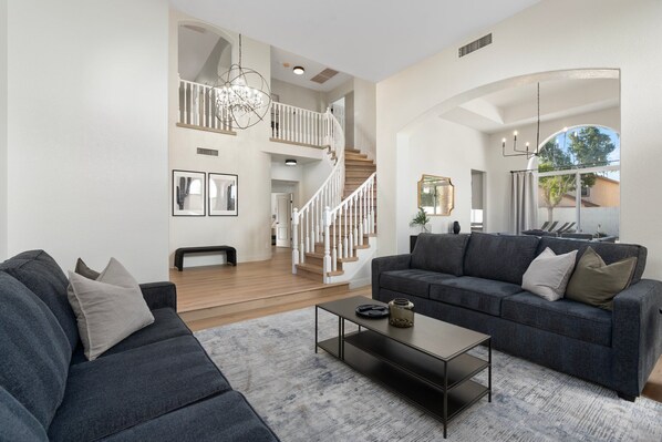 Smart TV, fireplace, books