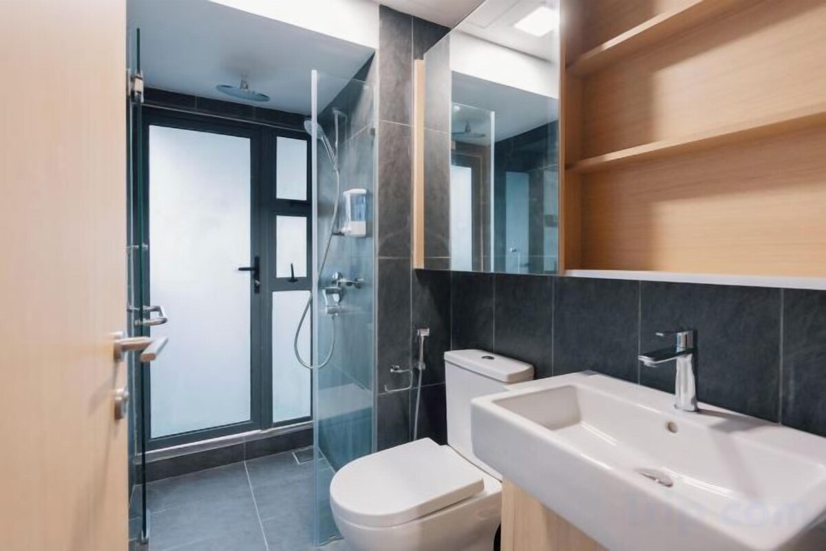 Bathroom | Shower, hair dryer, slippers, towels