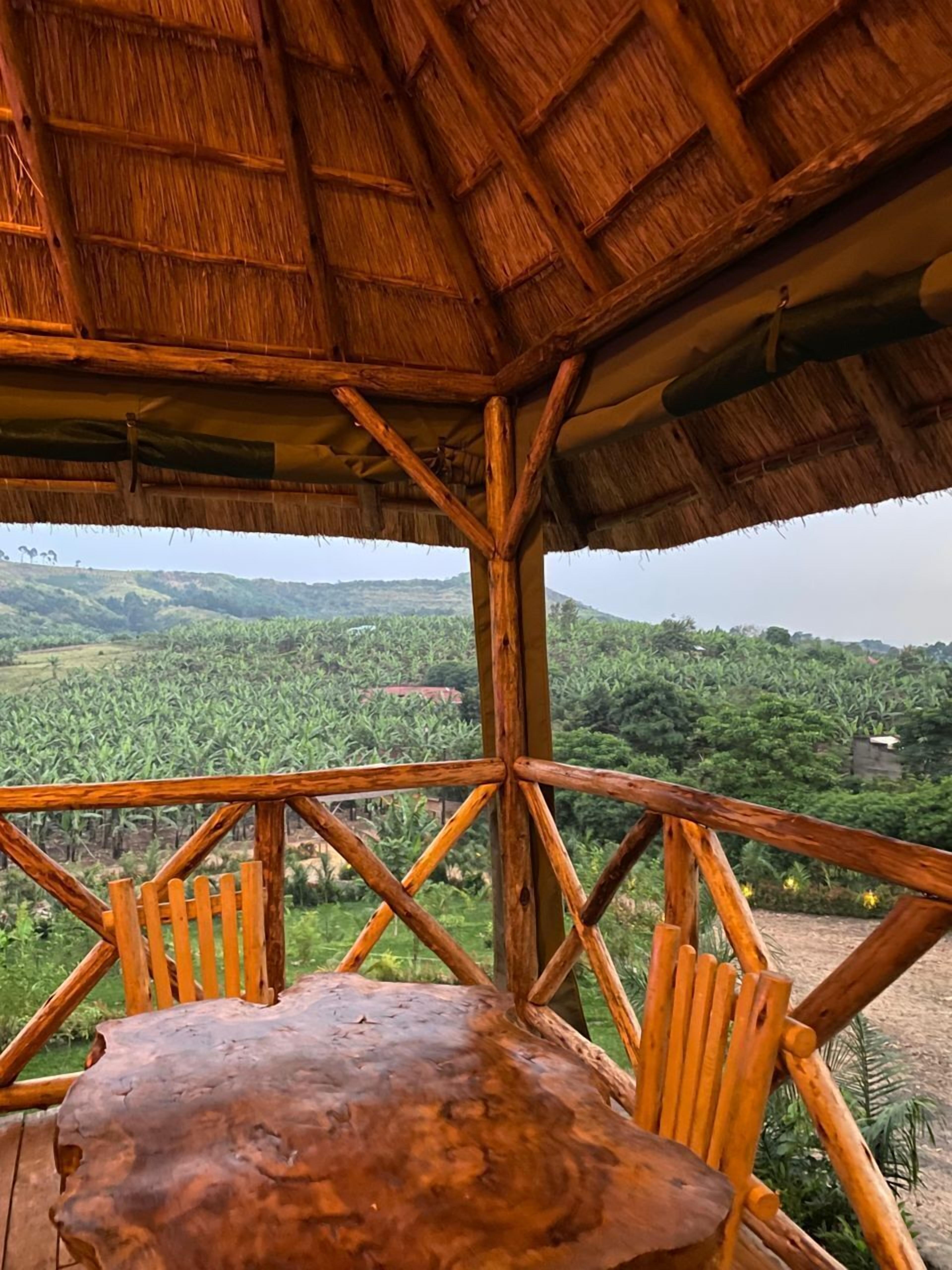 Una mesa y sillas de madera bajo un tejado de paja, con vistas a un paisaje exuberante.