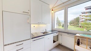 A modern kitchen with white cabinets, a stainless steel sink, and a window overlooking a residential area. - Well-kept holiday apartament house in a prime location in St. (St. Moritz)