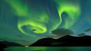 Vista nocturna de un lago con auroras boreales sobre montañas.