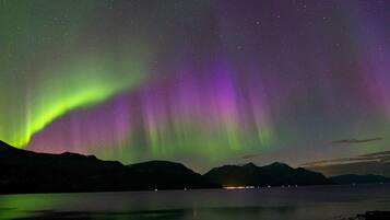 Cielo nocturno con auroras boreales sobre un lago tranquilo y montañas al fondo.