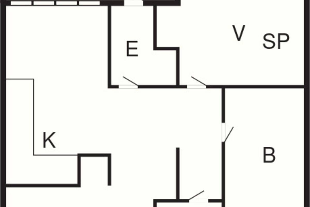A floor plan with labeled rooms: K, E, V, SP, B, and OT.