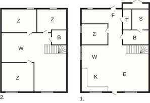 Two floor plans of a hotel with labeled rooms Z, W, B, K, E, F, T, and S. - 12 Person Holiday Home in Idre (Idre)