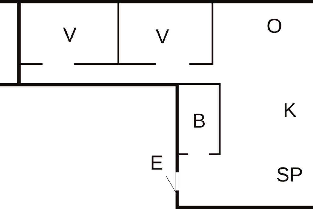 A floor plan with labeled rooms V, O, B, E, K, and SP.