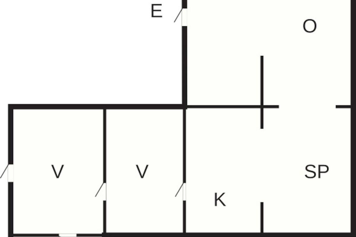 A floor plan with labeled rooms: V, B, E, O, SP, and K.