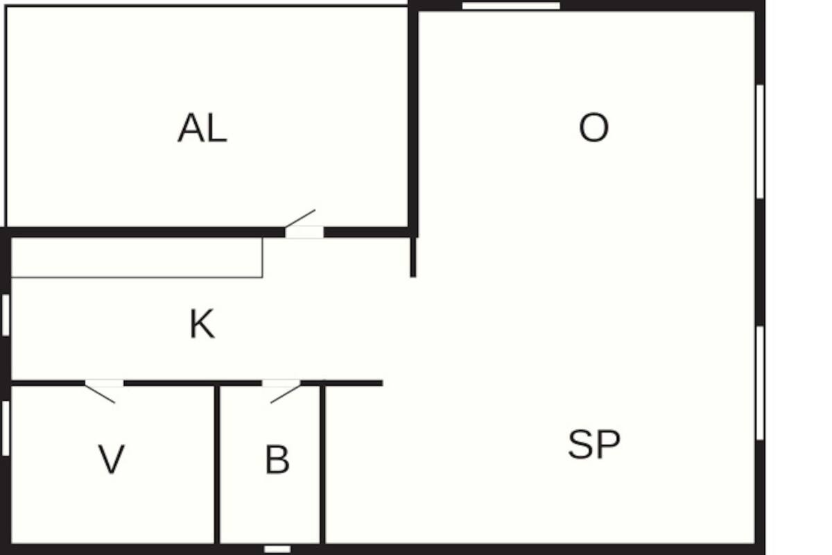 En plantegning med rum, der er mærket AL, O, K, V, SP og B.