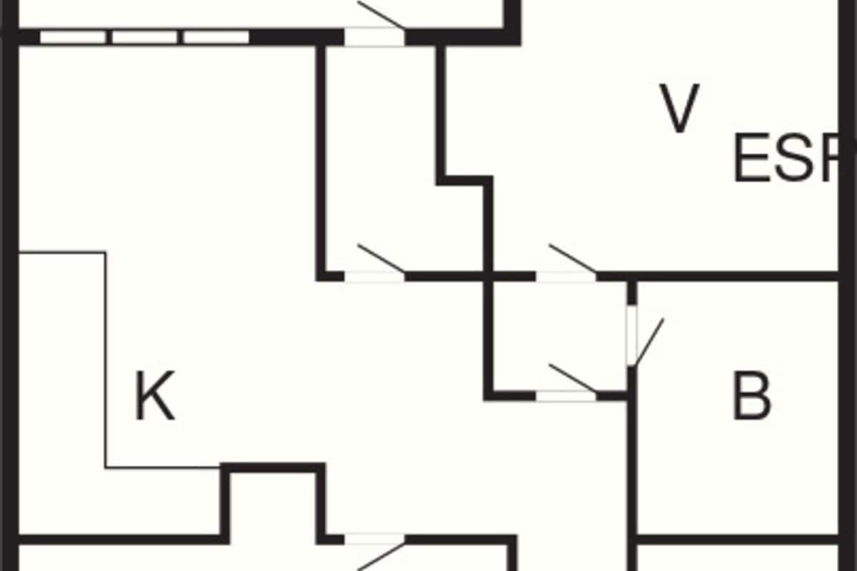 Een plattegrond met kamers, gelabeld als: K, O, V, B en OT.