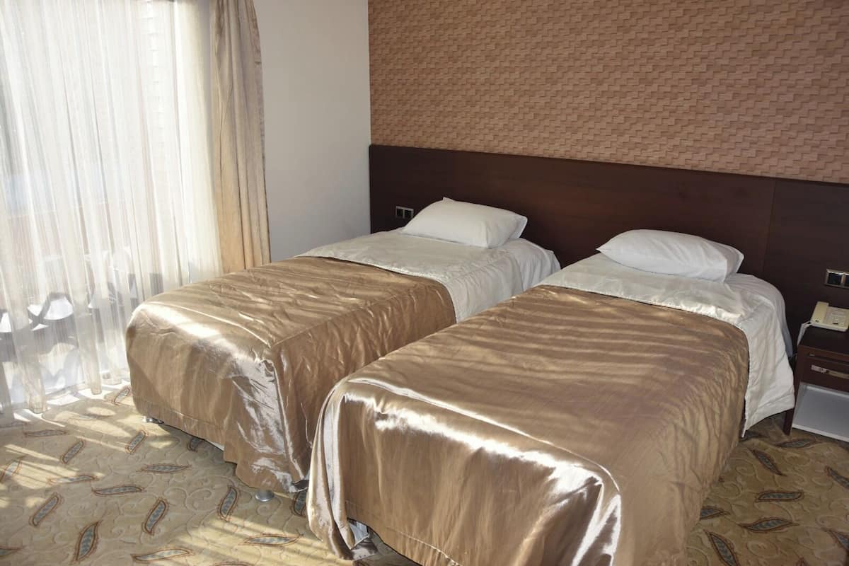 A hotel room with two beds, a headboard, a nightstand with a phone, and a patterned carpet.
