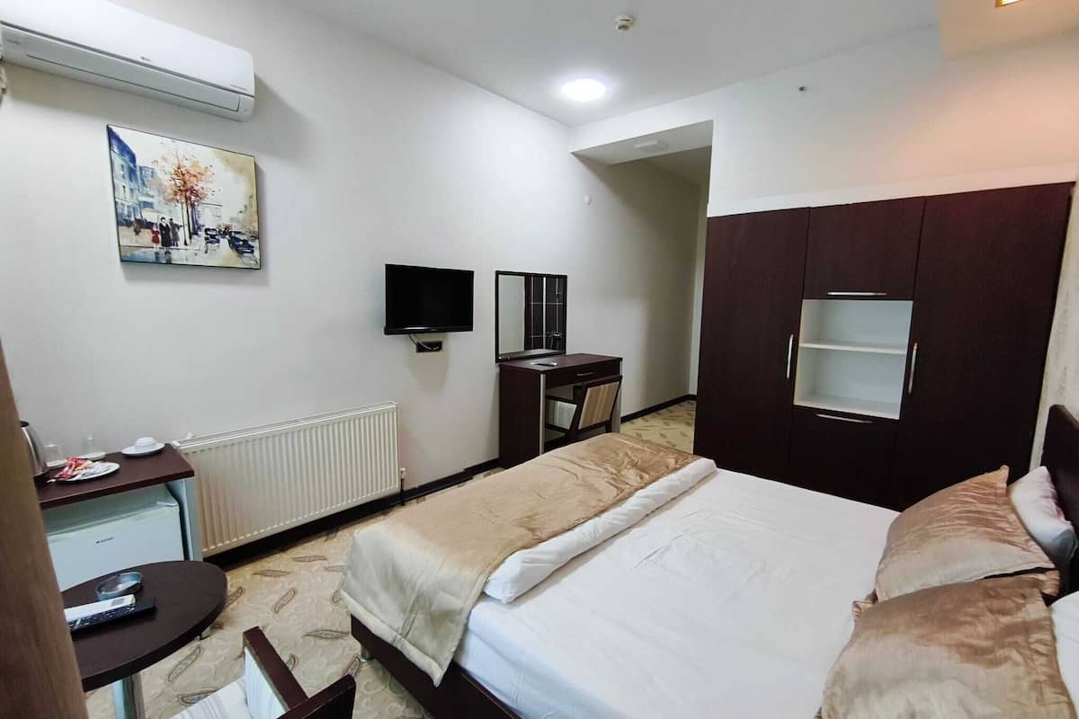 A hotel room with a bed, a desk, a chair, a television, and a radiator.