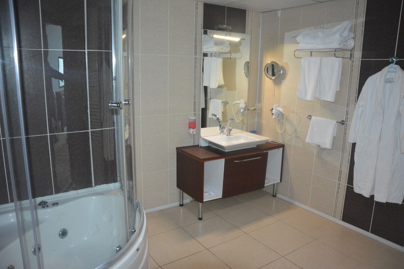 A modern bathroom with a glass-enclosed shower, a sink with a mirror, and a towel rack.