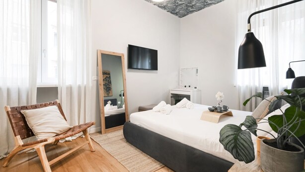 Un dormitorio moderno con una cama grande, una silla de madera, un espejo, un televisor y una planta en maceta.